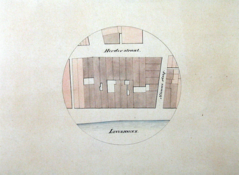 RI-1580 Plattegrondkaartje van door de brand van 13 mei 1849 verbrande of beschadigde gebouwen, aan de Leuvehaven, ...