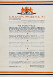II-0000-0243 Herdenking Mobilisatie 1914. Landgenooten. Wij willen vrede. 's-Gravenhage 30 Juli 1924. Namens het ...