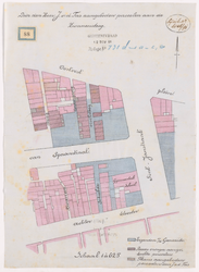 1891-88 Kaart met aanduiding van door de heer J. van der Tas aangeboden percelen grond aan de Zwanensteeg. Calque op linnen.