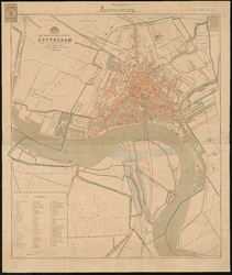 649 Gesteendrukte plattegrondkaart van Rotterdam door H.C.T. van de Wall, waarop met kleuren is aangegeven de rigting ...
