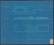 937_1 Ontwerptekening (blauwdruk) van de doorsnede, het vooraanzicht en de plattegrond van een Volkszweminrichting aan ...