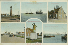 PBK-1993-166 Prentbriefkaart met 6 afbeeldingen van Hoek van Holland. Van boven naar beneden:-1 Vuurtoren.-2 ...