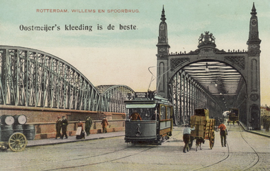 PBK-4093 De Willemsbrug met op de voorgrond sleperswagens en een tram, vanuit het noorden. Links de spoorbrug over de ...