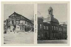 PBK-435 Prentbriefkaart met 2 afbeeldingen, voor en na het bombardement van 14 mei 1940. Het Beursgebouw aan het Beursplein,