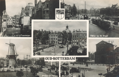 PBK-8889 Oud-Rotterdam. Zicht Toesteiger, kijkje op de Blaak, Vier Leeuwenbrug, Molen Oostplein, Delftsche Poort.