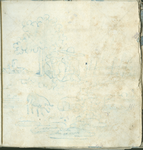 1976-3195-41 Tekening (pen in blauwe inkt) uit het modellenboekje voor tegels: twee herders, liggend onder een boom; op ...