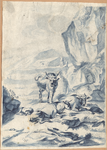 1976-3225 Tekening (penseel in blauwe waterverf) met een voorstelling van drie koeien en twee schapen in bergachtige ...