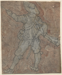 1976-3230 Tekening (penseel in grijze en bruine waterverf) met een voorstelling van een soldaat op de rug gezien, die ...