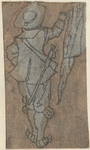 1976-3232 Tekening (penseel in grijze en bruine waterverf) met een voorstelling van een soldaat op de rug gezien, een ...