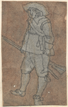 1976-3254 Tekening (penseel in grijze en bruine waterverf) met een voorstelling van een soldaat schuin naar links ...