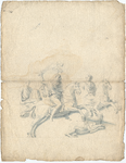1976-3321 Tegelvoorbeeld met een voorstelling van drie mannen in Romeinse kledij te paard met een leeuw [?]