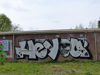 2023-35-197 Graffiti op één van de dichtgetimmerde en te slopen woningen in de Wielewaal.