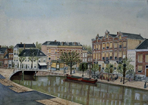 1975-609 Schie met de Heulbrug gezien vanuit het huis van de schilder, Schiekade westzijde nummer 11. Links huizenaan ...