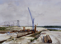 1977-1938 Bouw aan de Botlektunnel aan de westelijke oever van de Oude Maas. Links op de achtergrond de Botlekbrug en ...