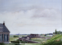1977-1939 Ruïne van het Huis te Woude aan de Ringdijk in Slikkerveer. In de verte de kerktoren van de Nederlandse ...