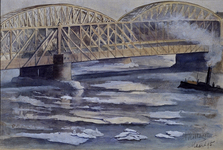 1981-1190 Gezicht op de Willemsbrug (het middenstuk) met daarachter de spoorbrug.