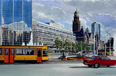1989-2912 Hofplein in de richting van de Coolsingel met het stadhuis, het postkantoor en het WTC-gebouw, uit het ...