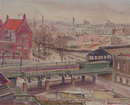 III-194-2 Het geraseerde stadsdeel tussen Wijnhaven en Hoogstraat, uit het zuidoosten. Op de voorgrond het spoorwegviaduct.