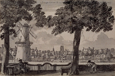 III-44 Gezicht uit de Keerweerlaan op de Binnenwegse Poort, op 15 september 1750. Rechts korenmolen De Lelie (ten ...