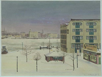 IX-1826-1 Gezicht op de Linker Veerdam in de sneeuw, vanuit het zuiden. In het midden het Veerhuisje met loket, ...