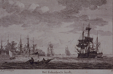 RISCH-244 Links het westelijk havenhoofd van Schiedam, waarachter een schip de haven invaart. Midden en rechts de ...