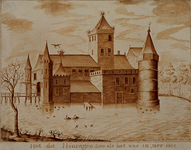 RISCH-60 Voorstelling van het slot Honingen in jaar 1420.