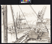 VII-460-06 Gezicht op de Rijnhaven tijdens het herstel aan de kademuren. Op de voorgrond een hijskraan cabine met ...