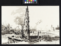 VII-460-12-3 Gezicht op de Rijnhaven met de herstelwerkzaamheden aan de kademuren, uit het zuiden. Rechts op de ...