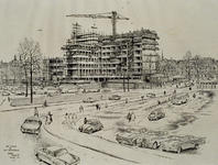 XXIV-51-02-04 Het Schouwburgplein met het gebouw van de Algemeen Maatschappij voor Jongeren, A.M.V.J., en Rijnhotel in ...