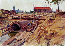 XXXIII-620 April 1942Wederopbouw van de stad in april. Op de voorgrond duiker welke de verbinding vormt tussen het ...