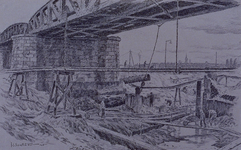 XXXIII-700 1945Wederopbouw van de stad.Werkzaamheden onder het viaduct bij het Hofplein, gezien uit het zuiden. Op de ...