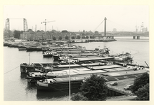 1981-2269 Blokkade op de Nieuwe Maas van binnenvaartschippers. Op de achtergrond (van links naar rechts) de ...