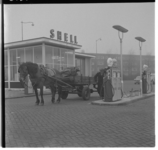 3133 Bij Shell-benzinetankstation staan een paard en wagen.