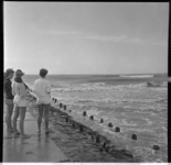 789 Drie jonge vrouwen op de Noorderpier kijken naar aanrollende golven.