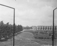 1981-126 De Pieter de Hoochweg gezien vanuit het huis Pieter de Hoochweg 108 (oostzijde). Op de achtergrond rechts de ...