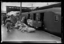 THO-1107 Medewerkers van de PTT en de NS laden postzakken in een trein op station Delftsche Poort. Uit een serie over ...