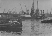 1970-1281 Merwehaven met schepen en hijskranen op de achtergrond.