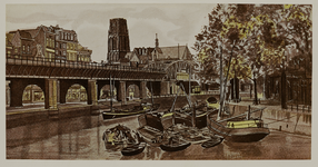 1971-537 Prent van de Kolk, met (links) de spoorbrug voorbij het Beursstation en de panden aan het Westnieuwland en ...