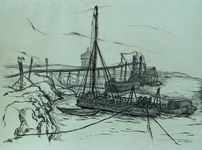 IX-1850-00-43 Zandzuigers en werkschepen langs de Maasboulevard ongeveer ter hoogte van de voormalige Oude Plantage. De ...