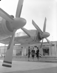 L-6705 Stewardessen staan bij de propellors van een vliegtuig bij een kantoorgebouw van vliegveld Zestienhoven.