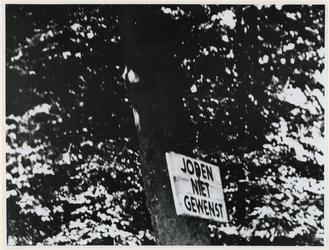1968-282 Mededelingenbord met de tekst: Joden niet gewenst aan een boom bij de ingang van een Rotterdams park, als ...