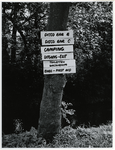 1970-1344 Holland Popfestival van 26 t/m 28 juni 1970 in het Kralingse Bos in Rotterdam. Bewegwijzeringsborden aan een boom.