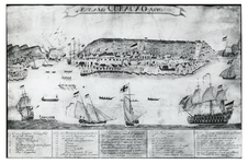 1970-1788 Een zeemanstekening van de explosie van het Nederlands marineschip Alphen in het Schottegat bij Curaçao.