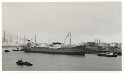 XXXIII-1333-01 De Zweedse erts-olietanker Tosterö, vaart als het 25.000ste zeeschip een Rotterdamse haven binnen.