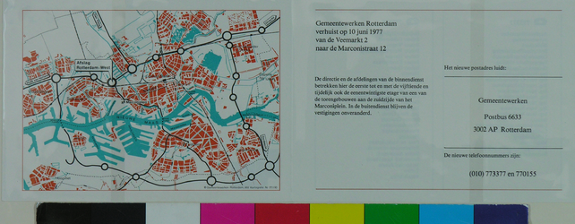 1979-345 Kaart van Rotterdam met de route naar het nieuwe hoofdkantoor van Gemeentewerken aan het Marconiplein