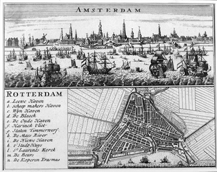 1979-804 Plattegrond van Rotterdam afgedrukt op één blad met een profiel van Amsterdam.