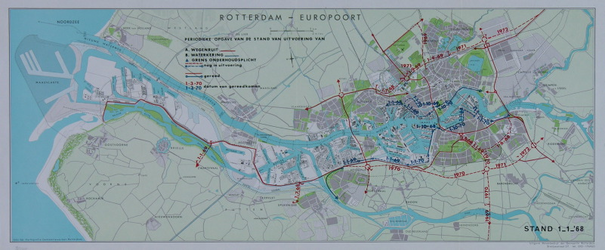 1982-957 Kaart van Rotterdam en omgeving waarop de uitvoering van de wegenruit en de waterkering per 1 januari 1968 is ...