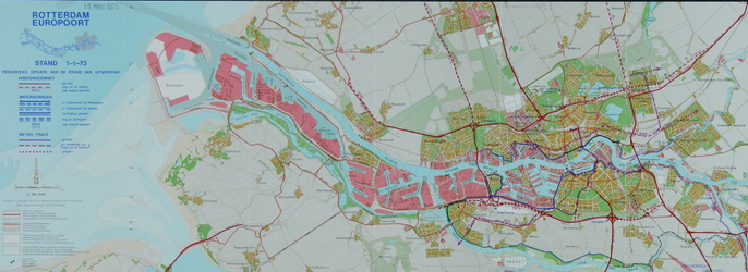 1982-959 Kaart van Rotterdam en omgeving waarop de uitvoering van de wegenruit en de waterkering per 1 januari 1973 is ...