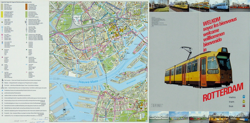 1985-981 Kaart van het middendeel van Rotterdam met aanduiding van de metro-, tram- en buslijnen