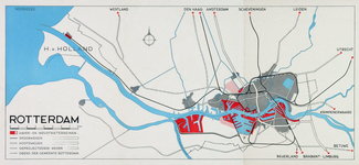 1986-357-II Kaart van Rotterdam en omgeving met aanduiding [in rood] van haven- en industrieterreinen en hoofdwegen.